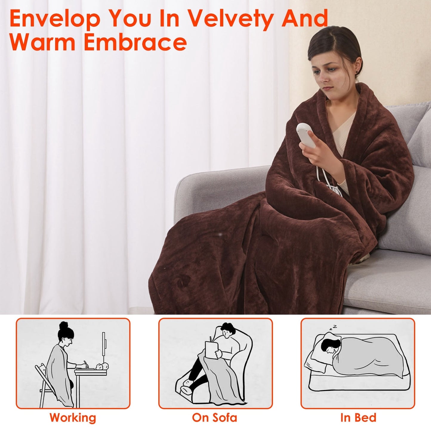 US Local 1 Pc Electric Heated Flannel Throw Heated Blanket With 6 Heat Settings 1-8 Hours Auto Off Washable For Home Office Usage 59x50in