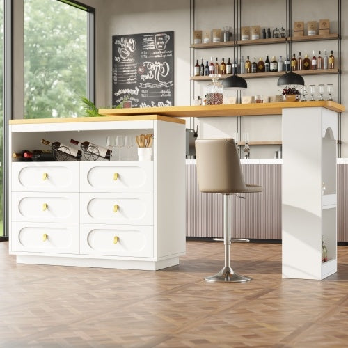 UK Local 360 Rotating Bar Table Main Body 137 X 39 X 90 Cm, Coffee Bar Furniture, Rotating Dining Bar With Storage, Kitchen Island, With Spice Rack, Six Drawers, Open Storage Space, White