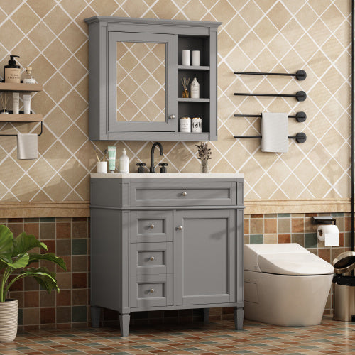 US Local 30'' Bathroom Vanity With Top Sink, Modern Bathroom Storage Cabinet With 2 Drawers And A Tip-out Drawer, Freestanding Vanity Set With Mirror Cabinet, Single Sink Bathroom Vanity