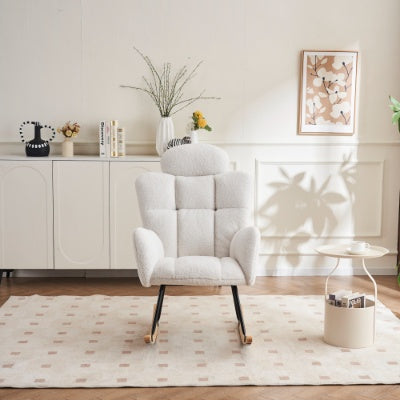 UK Local Soft Teddy Fabric Tufted Upholstered Rocking Chair Padded Seat With Headrest For Living Room Bedroom,Ivory White