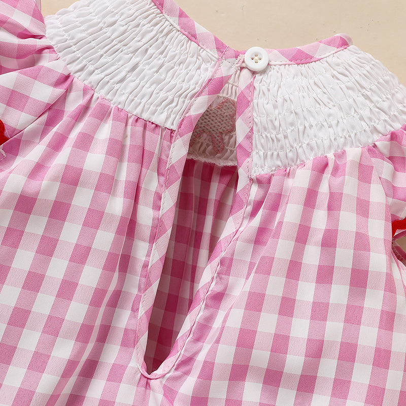 US Local Newborn Baby Girls' Valentine's Day Smocked Romper Ruffle Sleeve Plaid Heart Embroidery Jumpsuit Casual Cute Romper