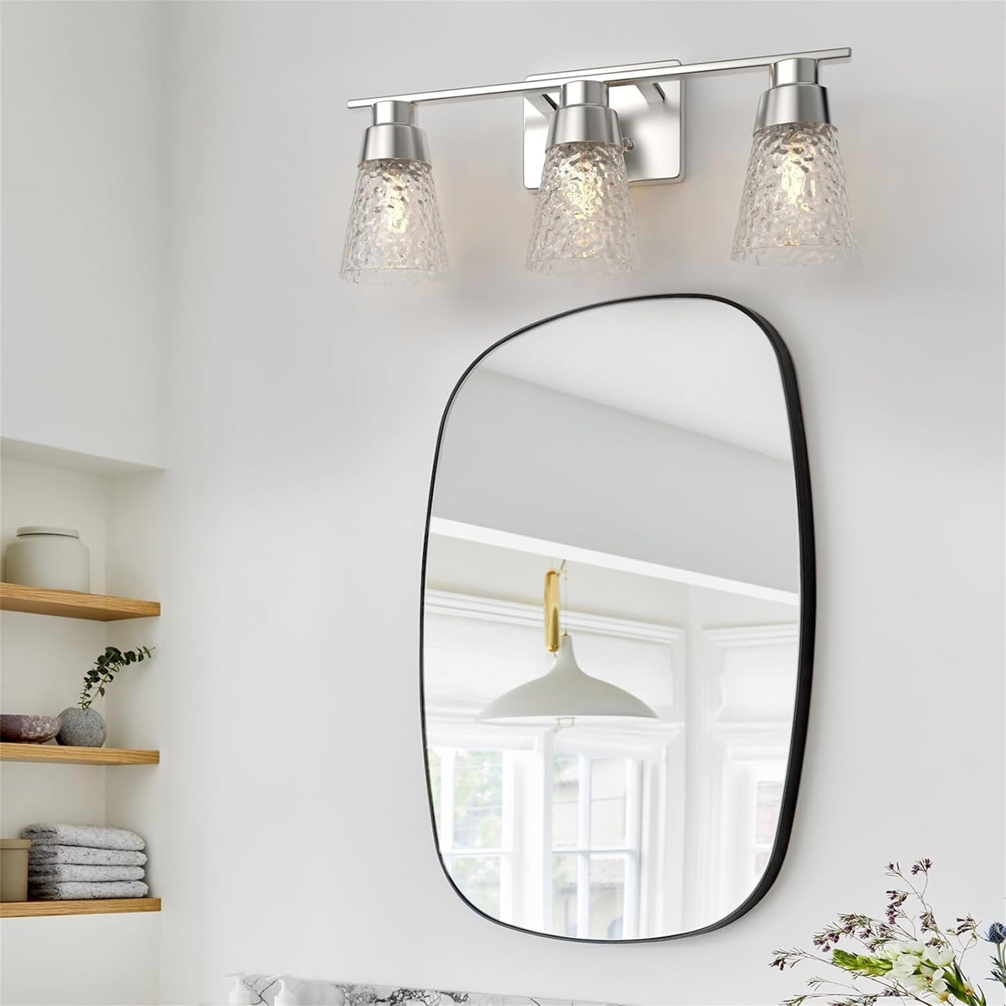 US Local 3 Light Brushed Nickel Bathroom Vanity Light Fixtures With Clear Hammered Glass Shade, 22 Inch Bathroom Lighting Fixtures Over Mirror, For Bathroom Shower Toilet