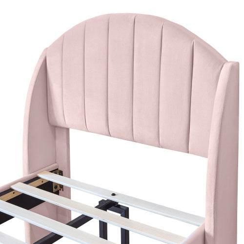 UK Local Upholstered Bed,Single Bed-3ft 90x190cm ,with Slatted Frame And Headboard, Youth Bed, Wooden Slatted Support, Easy Assembly, Velvet, Pink