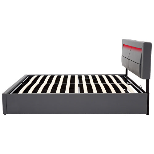 UK Local Upholstered Bed 135 X 190 Cm,Double Bed-4ft6,with USB Port Supports Wireless And Wired Charging, With LED Lighting And Storage Space, Without Mattress, PU-Lychee Design, Gray