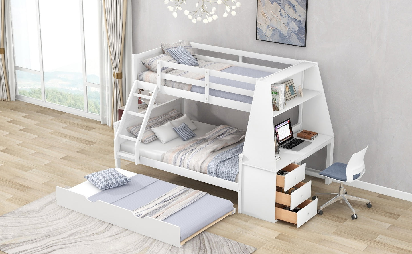 US Local Twin Full Bunk Bed W Trundle, Desk, 3 Drawers  Shelf - White