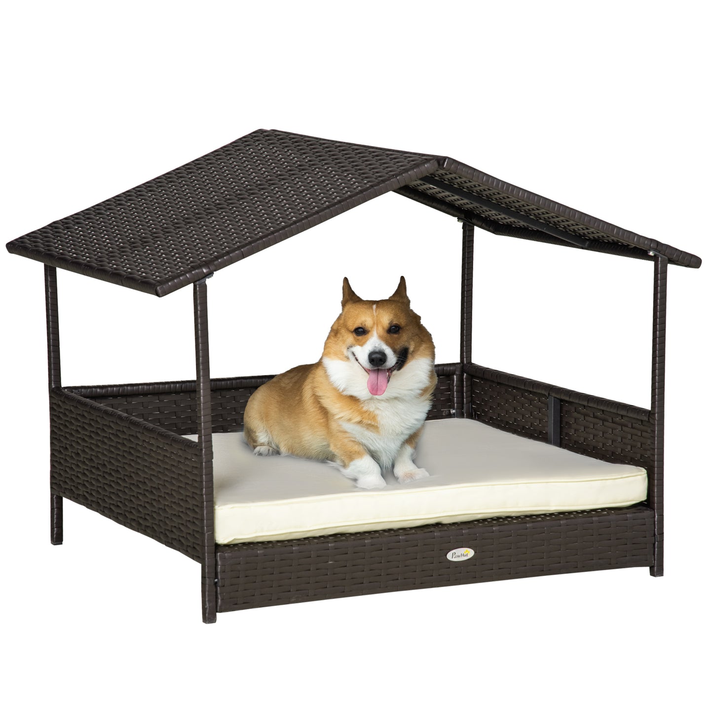 US Local Wicker Dog Bed Outdoor Elevated With Rattan Canopy Cushioned PE Rattan Dog Cat House Sleeping Pad Cream