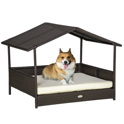 US Local Wicker Dog Bed Outdoor Elevated With Rattan Canopy Cushioned PE Rattan Dog Cat House Sleeping Pad Cream