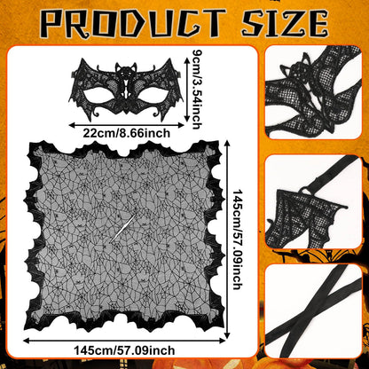 US Local 2 Pcs Halloween Poncho For Women Black Bat Spider Web Poncho And Lace Mask Masquerade Mask Halloween Party Cosplay Costume Accessory Day Of The Dead Costume