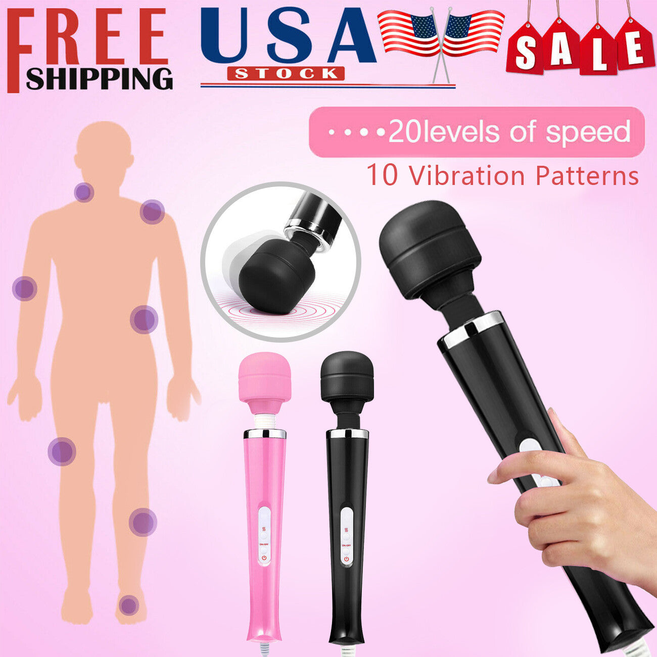 US Local Handheld Massager 20 Speed Wand Vibrating Massage Magic Full Body Therapy Motor