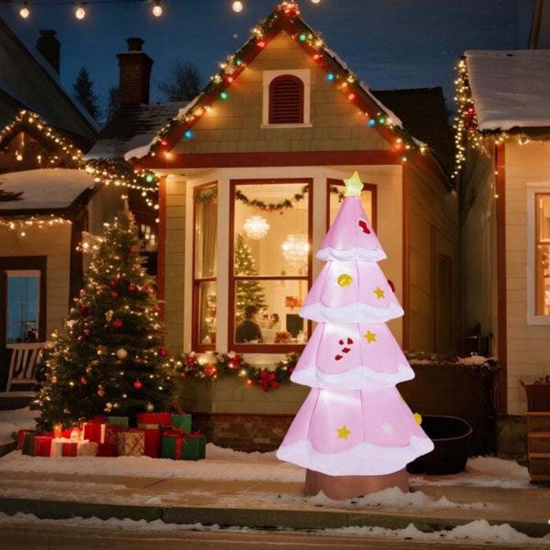 US Local 7.2FT Lighted Christmas Inflatable Decoration, Inflatable PinkChristmas Tree, Funny Blow Up Yard Decorations With Built-in LED Lights For Holiday Party Front Yard Lawn Garden Decor