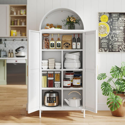 US Local White Kitchen Pantry Cabinet, Arched Storage Cabinet With Doors And Adjustable Shelves, Tall Freestanding Cupboard For Laundry, Dining Room, Living Room, Bathroom