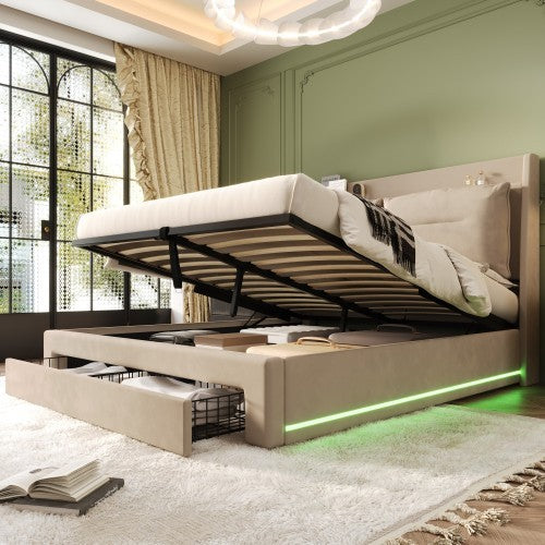 UK Local Upholstered Bed, 135x190 4ft6, Double Bed, Hydraulic Bed, 2-in-1 Storage Drawers At The End Of The Bed, Recessed LED Light Strips On Both Sides Of The Bed, Slatted Frame, Velvet,Beige
