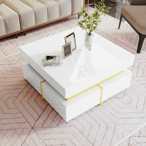 UK Local Coffee Table, High-Gloss Living Room Table, Side Table With Drawers And Gold Accents