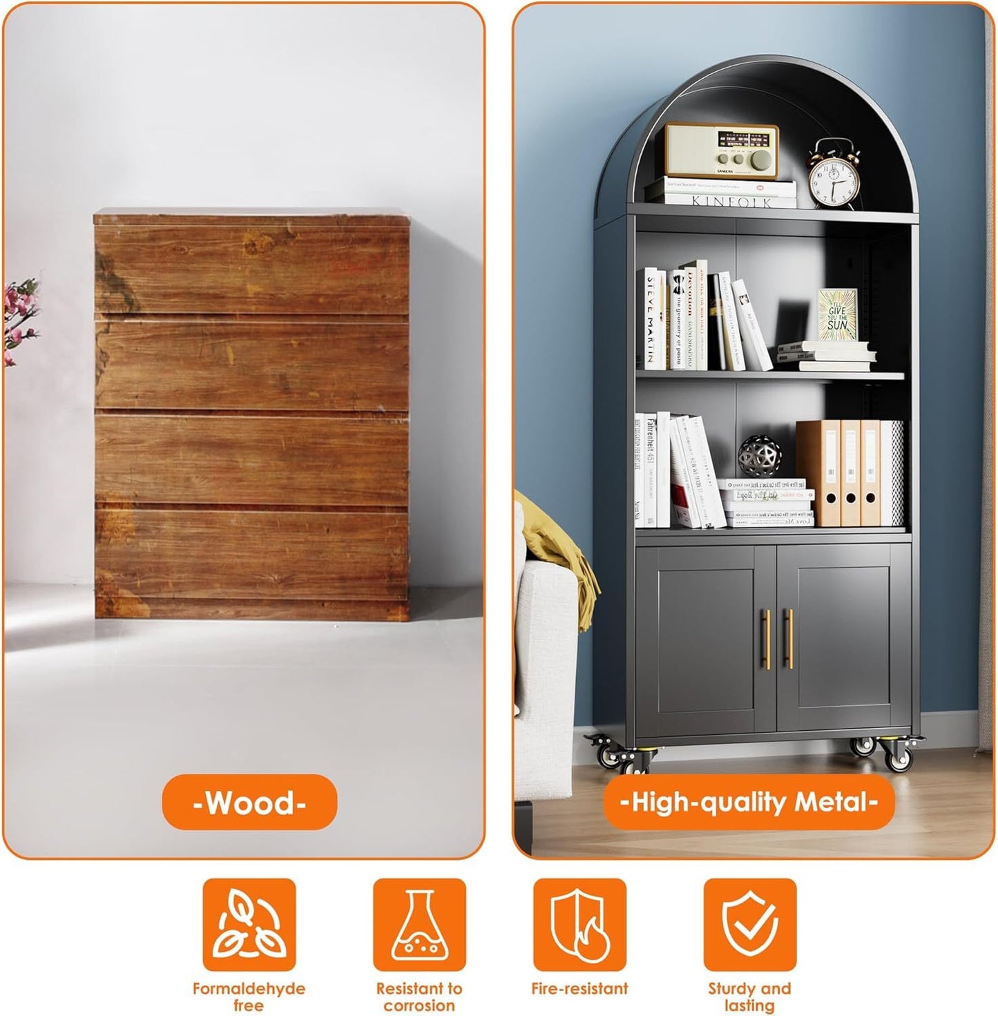 US Local Metal Arched Bookcase With Wheels, Modern Freestanding Black Arch Storage Cabinets For Home Office Bookshelf Living Room