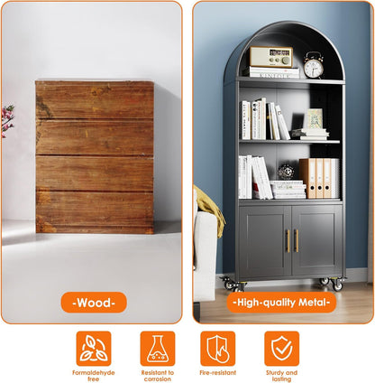 US Local Metal Arched Bookcase With Wheels, Modern Freestanding Black Arch Storage Cabinets For Home Office Bookshelf Living Room