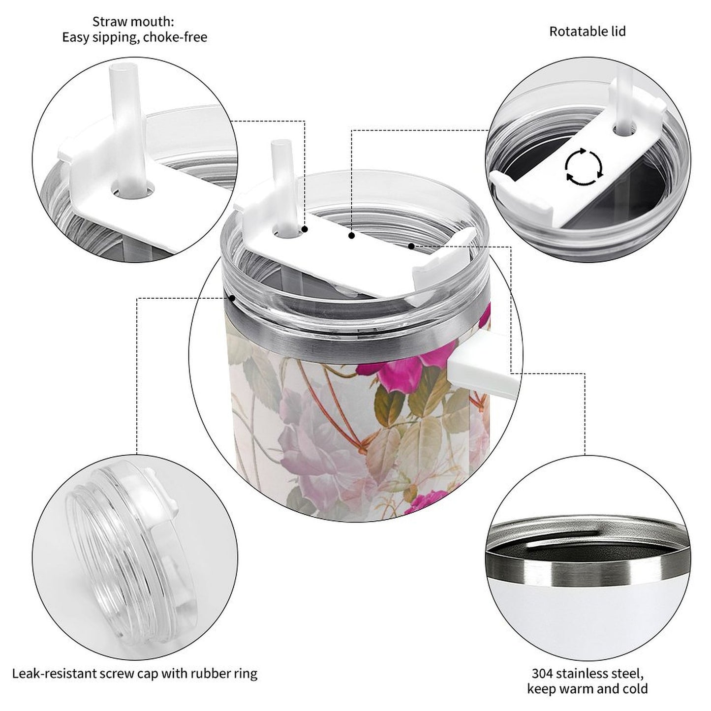 PHDT00196 POD US Local Tumbler 40 oz Large Capacity Car Cup Roses