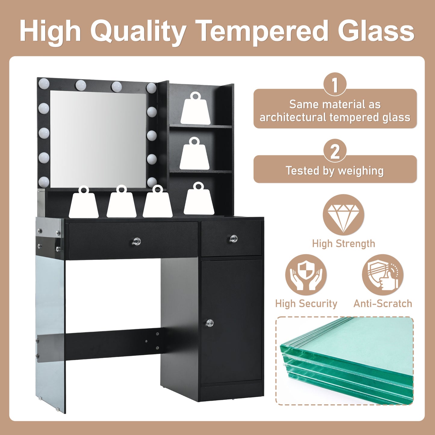 US Local Vanity Desk With Mirror And 3 Lighting Modes, Makeup Vanity With Glass Top And Storage Shelves, Dressing Table With 2 Drawers And Cabinet