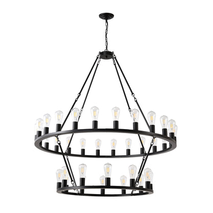 US Local 48 Inch Black Extra Large Wagon Wheel Chandelier, 2 Tier 36-Lights No Include Farmhouse Industrial Round High Ceiling Pendant Light Adjustable Chain, For Dining Room, Living Room,Kitchen