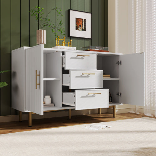 UK Local Sideboard Cabinet For Living Room, Chest Of Drawers With With 2 Doors And 3 Drawers, Adjustable Shelf, White, 40D X 120W X 75H CM