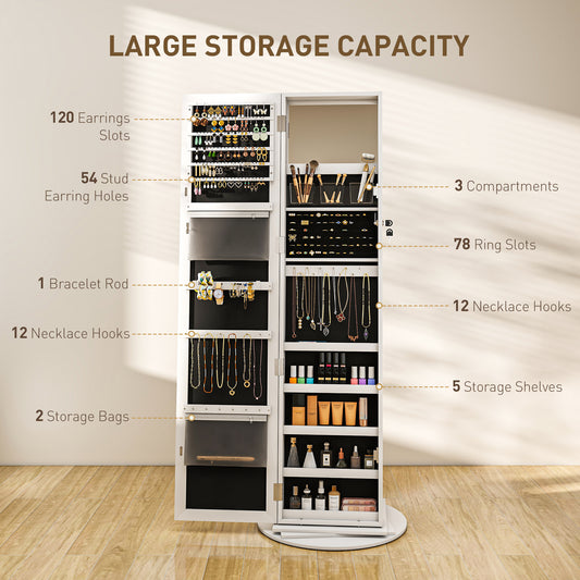 US Local Jewelry Armoire, Lockable Jewelry Cabinet With Full-Length Mirror, Storage Shelves, White