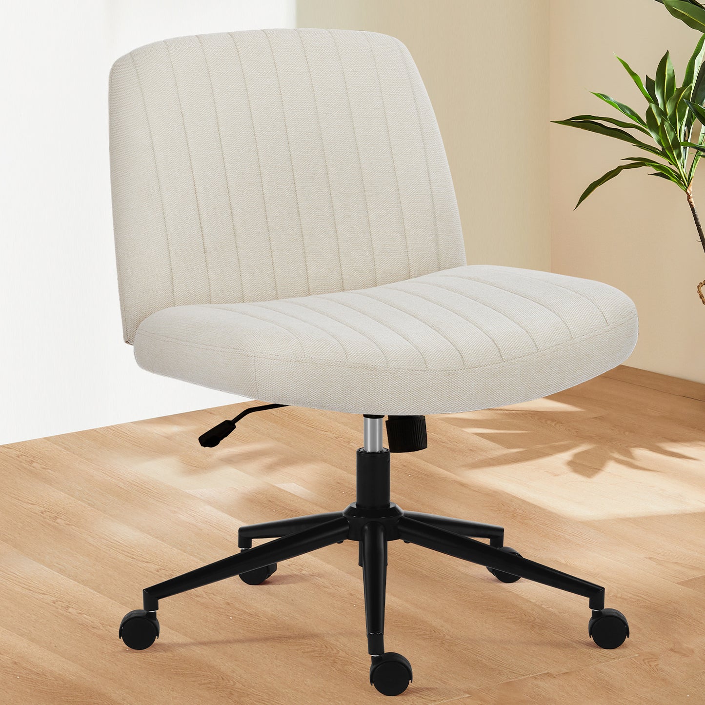 US Local Office Desk Vanity Chair Cross Legged Armless Swivel Fabric Height Adjustable Wide Seat With Replaceable Wheels-Fixed Base, Comfy Task Chair Padded