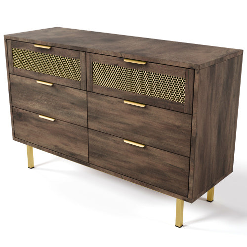 UK Local Sideboard Cabinet Dresser With 6 Drawers, Metal Handles Dresser, Multipurpose Cabinet For Hallway, Bedroom, Living Room, And Children's Room.120 X 40 X 76 Cm, Dark Brown
