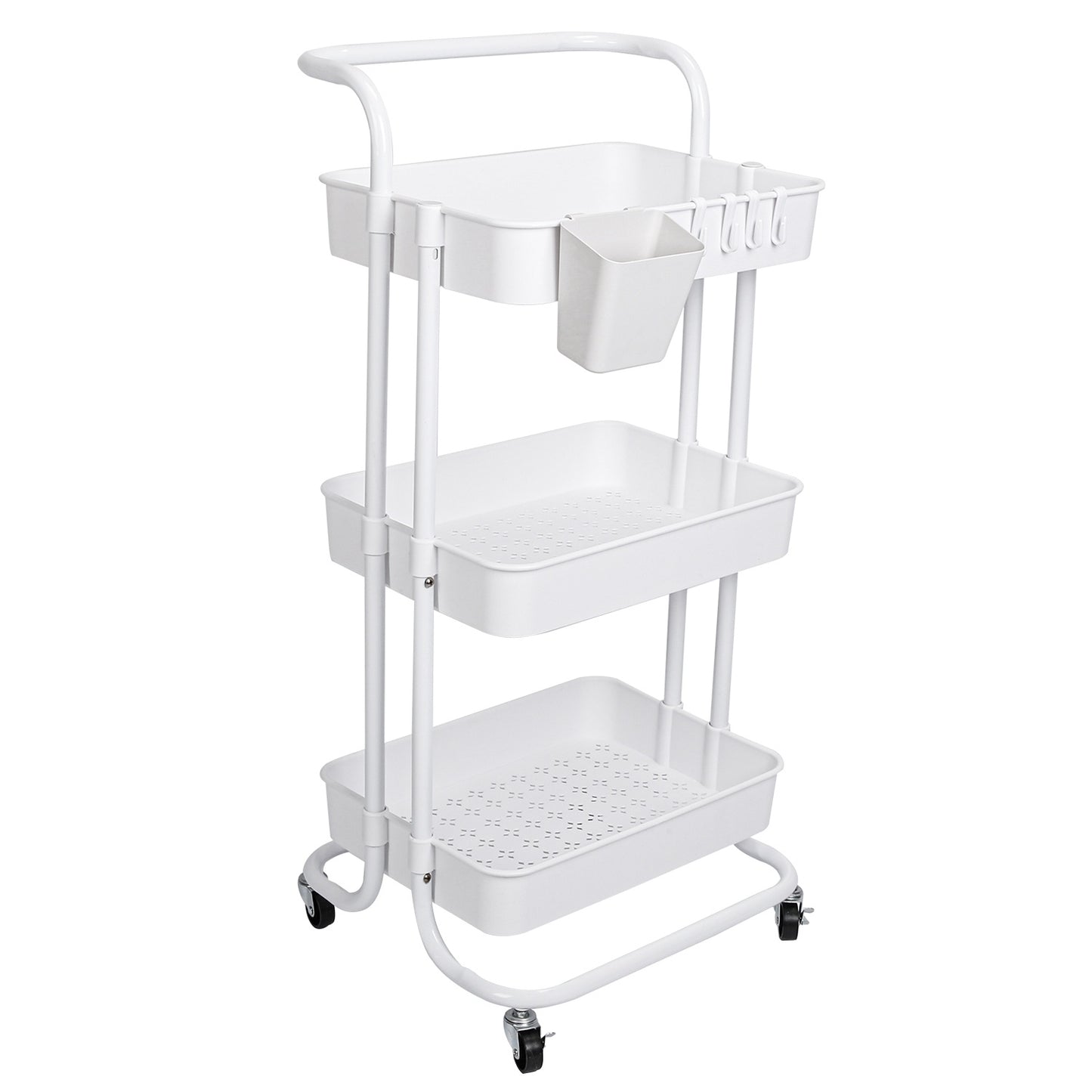 US Local Black-White Color Options 1Pc 3 Tier Rolling Utility Cart Movable Storage Organizer With Mesh Baskets Lockable Wheels 360 Degree Rotatable Hanging Box Hooks Bedroom Bathroom Kitchen