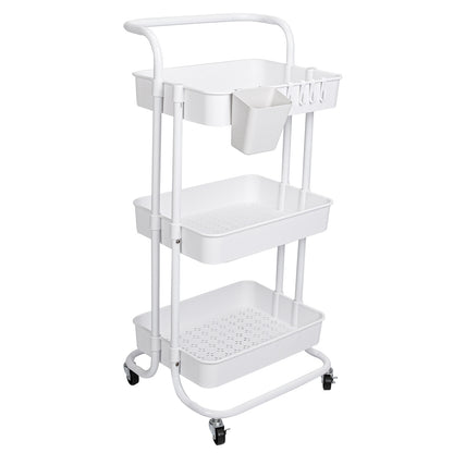 US Local Black-White Color Options 1Pc 3 Tier Rolling Utility Cart Movable Storage Organizer With Mesh Baskets Lockable Wheels 360 Degree Rotatable Hanging Box Hooks Bedroom Bathroom Kitchen