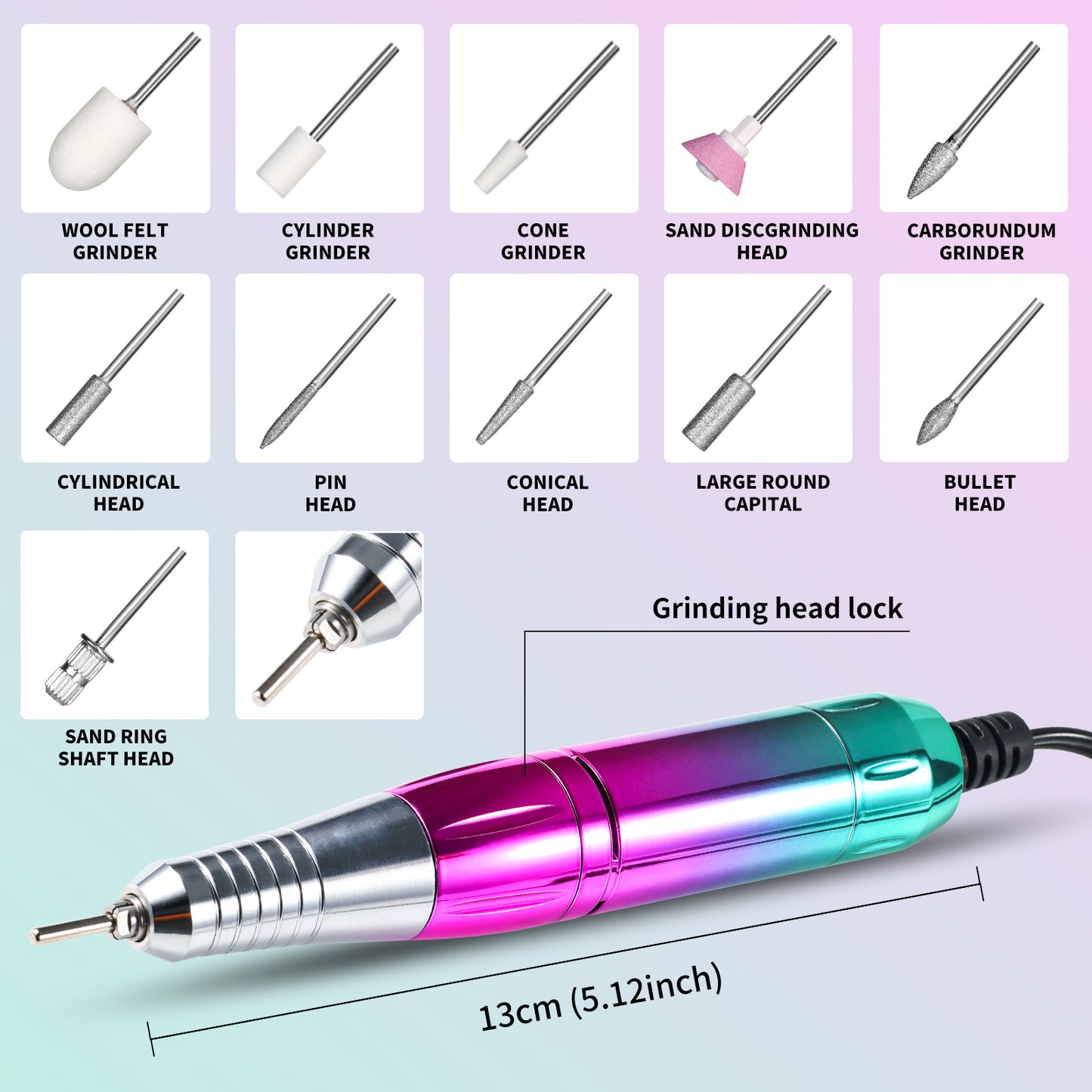 US Local Professional Electric Nail Drill, 45000 RPM Cordless Rechargeable E-File Machine, With 12 Bits, Sanding Bands, LCD Display For Acrylic Gel Nails