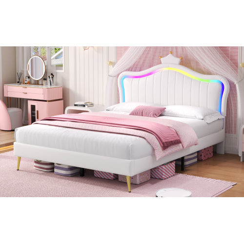 UK Local 4ft6 Double Upholstered Bed With LED Adjustable Crown Shape Headboard, PU Leather Bed Frame With Solid Wood Slat, No Box Spring Needed, Easy Assembly, Cream White No Mattress