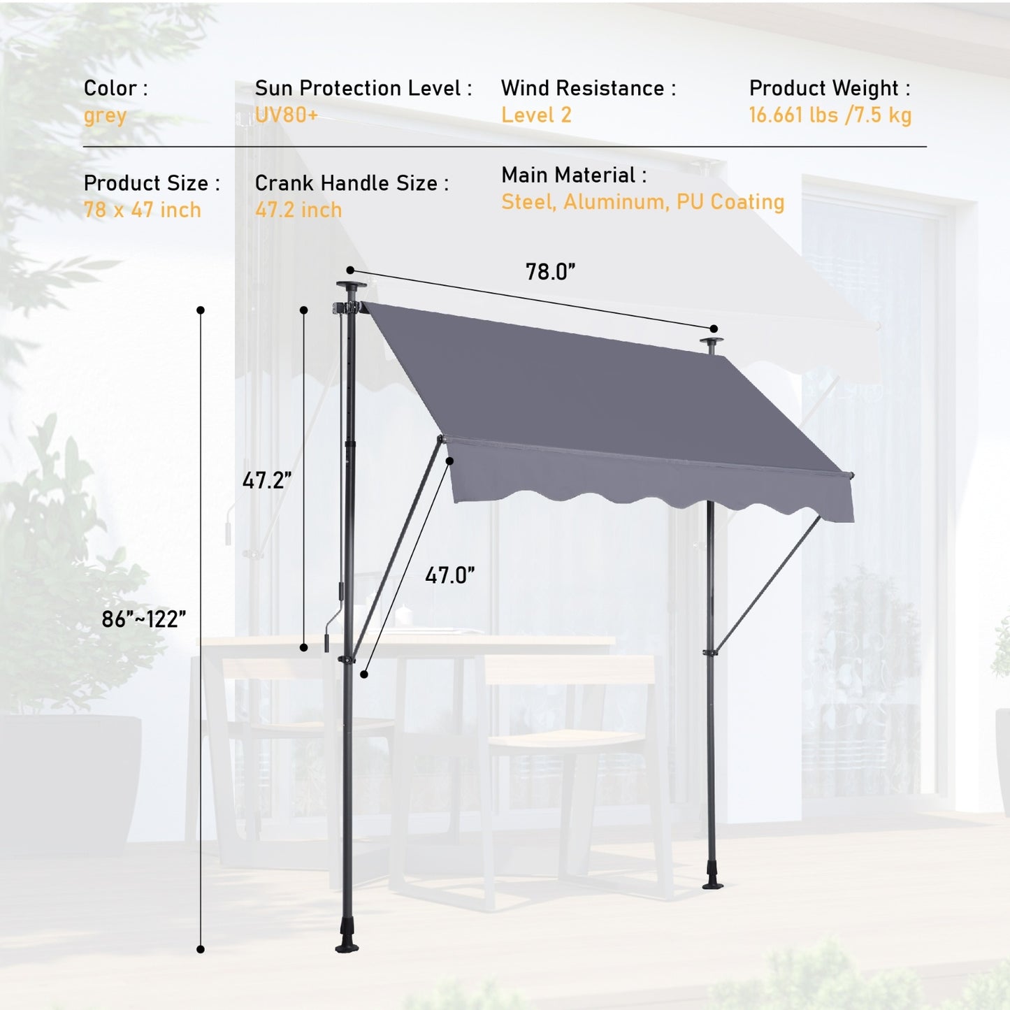 US Local Manual Retractable Awning 78 NonScrew Outdoor Sun Shade Cover With UV Protection   Polyester