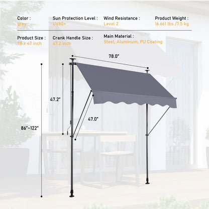 US Local Manual Retractable Awning 78 NonScrew Outdoor Sun Shade Cover With UV Protection   Polyester