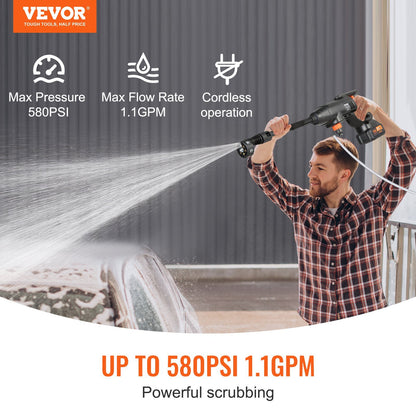 US Local VEVOR Cordless Pressure Washer, 580-PSI 1.1 GPM Portable Power Cleaner, Handheld High-Pressure Car Washer Gun With 4.0Ah Battery, Charger, 6-in-1 Nozzle, For Home Floor Cleaning & Watering