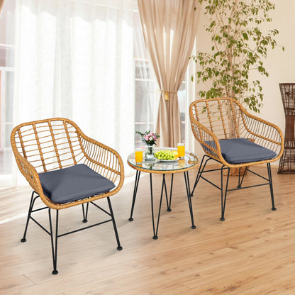US Local 3 Pieces Rattan Furniture Set With Cushioned Chair Table