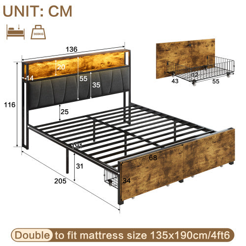 UK Local 4ft6 Double Bed Frame With 2 Storage Drawers, RGB LED Storage Headboard With Charging Station, Metal Platform Bed Frame, No Box Spring Needed, Easy Assembly, Black Walnut No Mattress