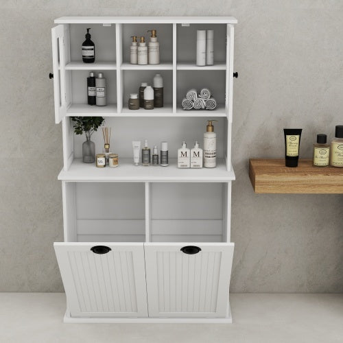 US Local Two Compartment Inclined Dirty Laundry Basket High Bathroom Cabinet