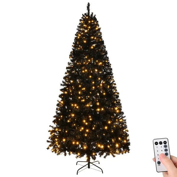 US Local 6 FT Pre-lit Artificial Christmas Tree, Hinged Xmas Pine Tree With 900 Branch Tips, 250 Lights And Remote Control For Holiday Party Office Home, Black