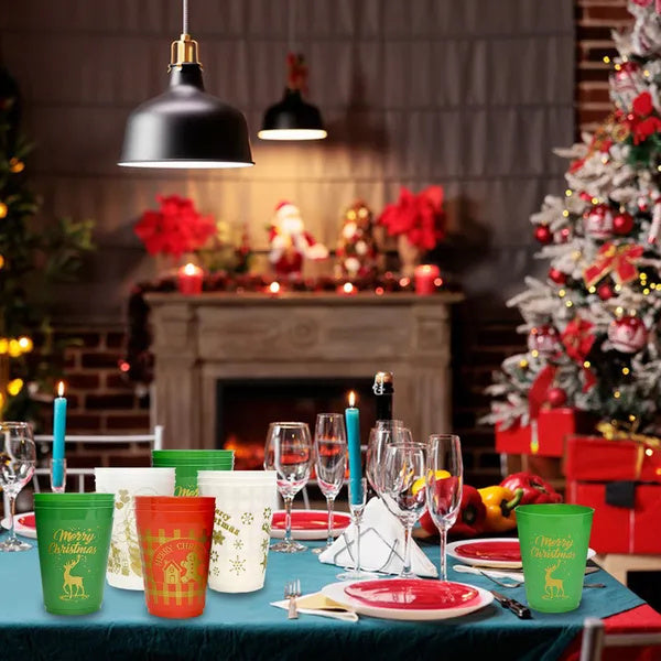 US Local 12 Pcs Christmas Plastic Tumblers Gingerbread Man Santa Reindeer Pattern 16 Oz Reusable Drink Cups Cute Beverage Cups For Beer Coffee Tea Xmas Holiday Party Supplies