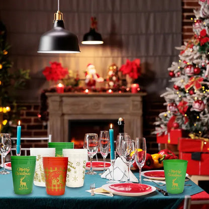 US Local 12 Pcs Christmas Plastic Tumblers Gingerbread Man Santa Reindeer Pattern 16 Oz Reusable Drink Cups Cute Beverage Cups For Beer Coffee Tea Xmas Holiday Party Supplies