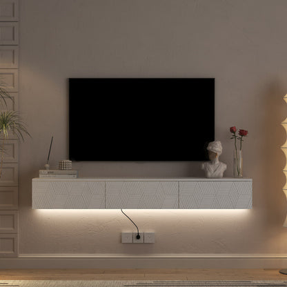 US Local Floating TV Stand Wall Mounted With 16 Color LEDs,Modern TV Stand, Floating TV Cabinet Entertainment Center For 55 60 65 Inch TV,White