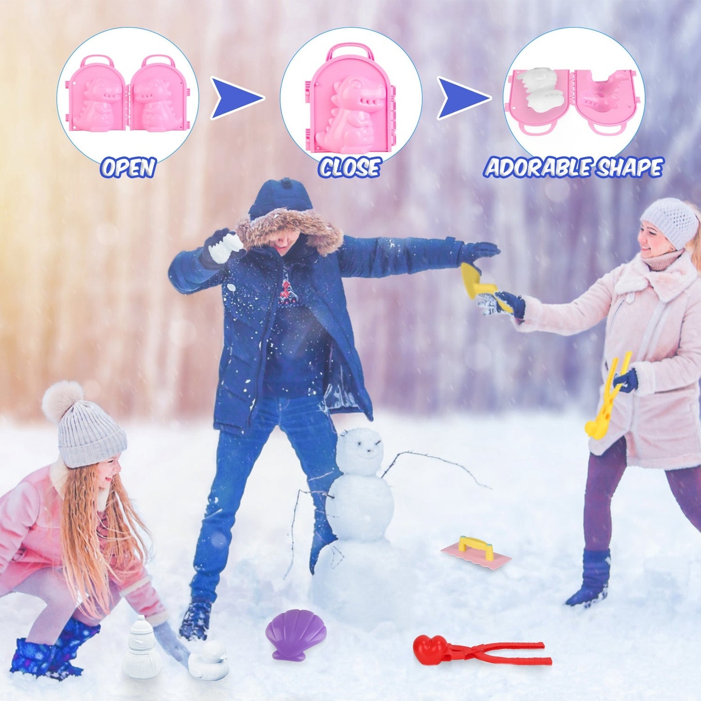 US Local Set Of 15Pcs Winter Snowball Tool Kit Kids Snow Molds Outdoor Snow Beach Toys For Kids Toddlers Adults Snowman Snowflake Duck Dinosaur