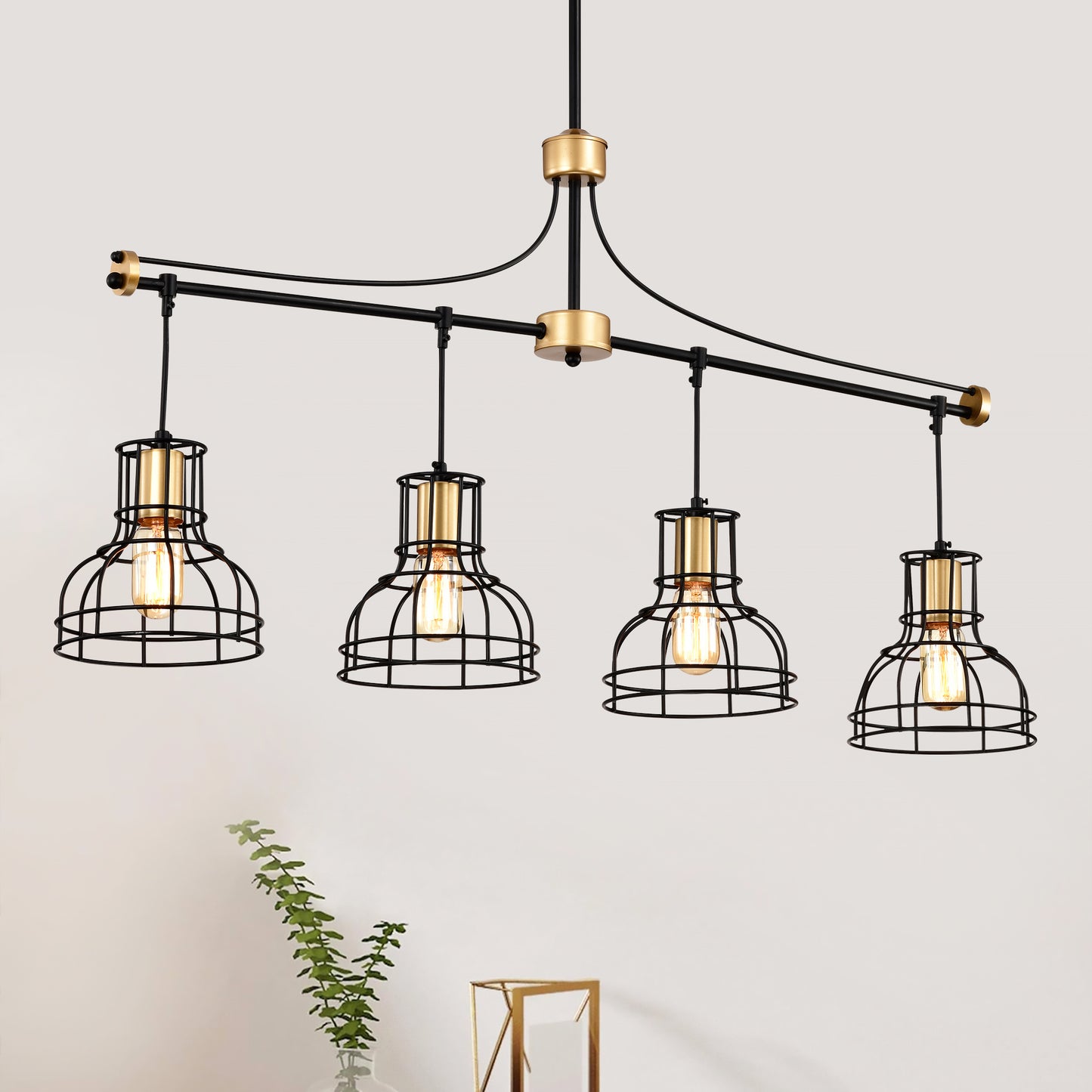 US Local Dining Room Light Fixture Chandelier Over Table, 40-Inch Hanging For Farmhouse Linear Chandeliers,4-Light Kitchen Island Lighting,Matte Black And Matte Gold Ceiling Chandelier,with Metal Lampshade