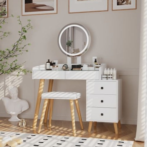 US Local Dressing Table With LED Lights Glass Top Dressing Table With Extendable Side Table 5 Drawers Dressing Table With Mirror And Stool For Bedroom