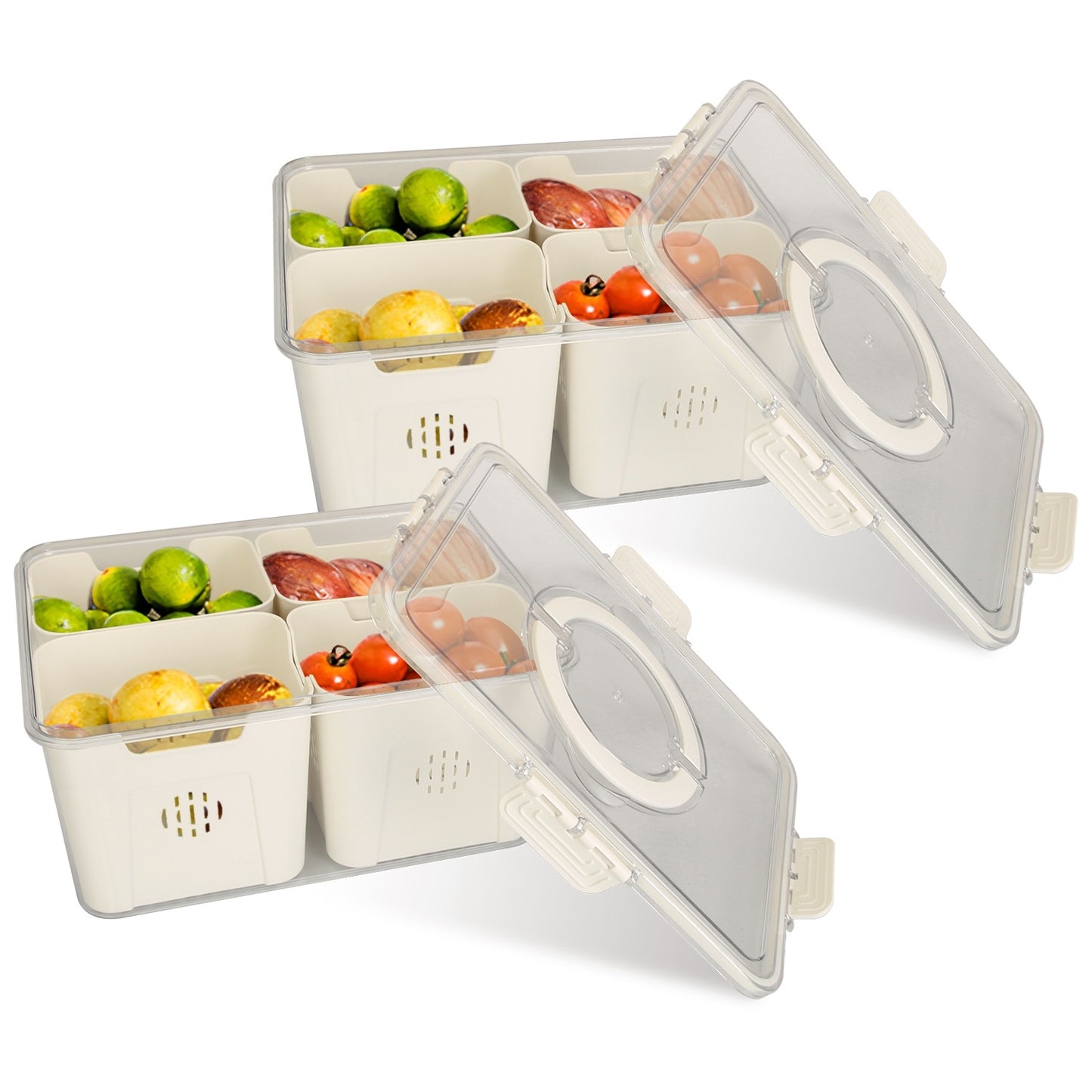 US Local 2Pack Airtight Fruit Storage Containers 4 Compartment Food Storage Containers Fruit Vegetable Organizers With 8 Removable Colanders For Fridge Picnic