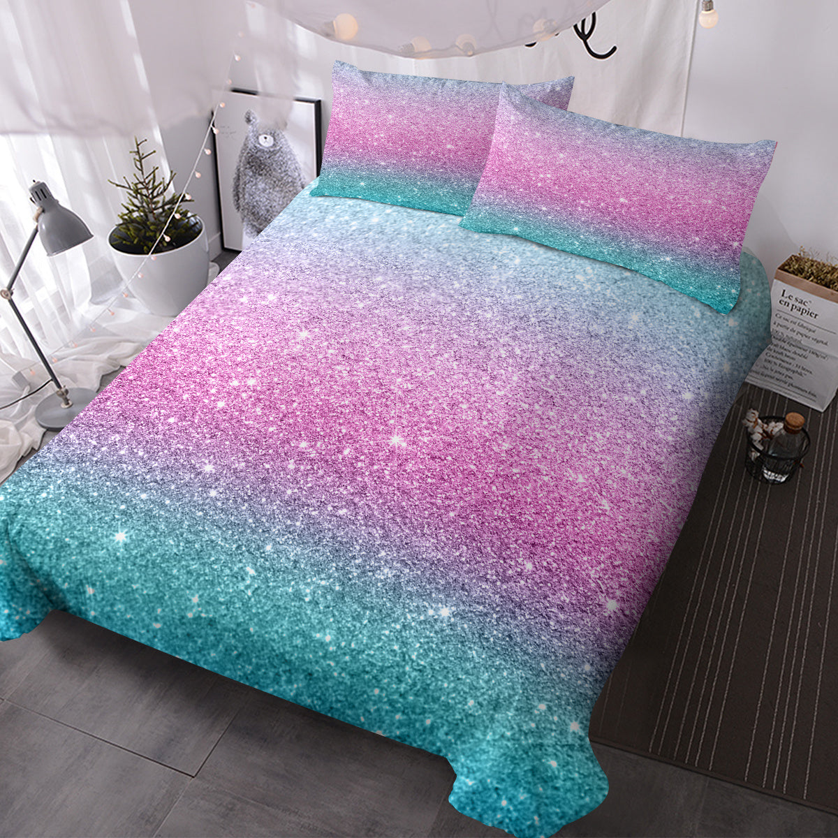 US & UK Local Girly Duvet Cover Rainbow Glitter Ombre Bedding Sets 3 Pcs Chic  Purple Blue Green Pastel Bed Spreads Sparkle Quilt Cover Set With 2 Pillow Shams