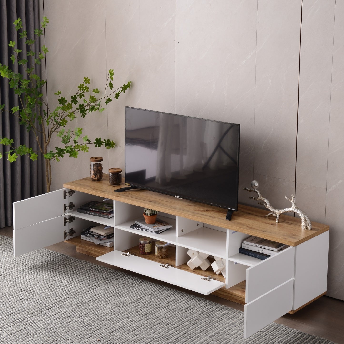 US Local Modern TV Stand For Up To 80'' TVs, Media Console With Multi-Functional Storage
