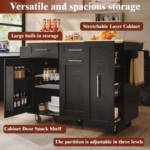 UK Local Modern Kitchen Island, Kitchen Cabinet, Buffet Cabinet, Dining Cart With Wood Grain, Dining Table With Storage Space, Dining Cart With Snack Shelves And Stretch Function Cabinets, Black