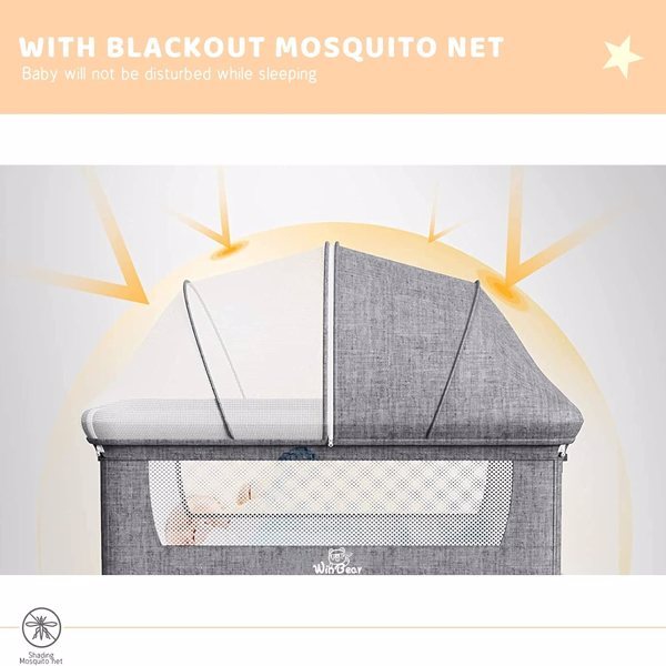 US Local 3-in-1 Bedside Crib With Mosquito Net, Large Storage Bag, Comfortable Mattress With Lockable Wheels, Grey
