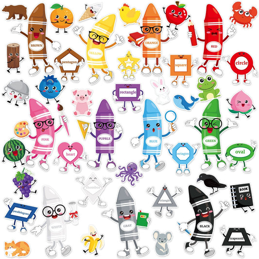 US Local 50 Pcs Color Bulletin Board Classroom Decorations,Crayon Shapes Fruit Animal Cutouts Color Posters For Toddler Kids Learning Nursery Preschool Classroom Chalkboard Back To School Home Wall Door Decor