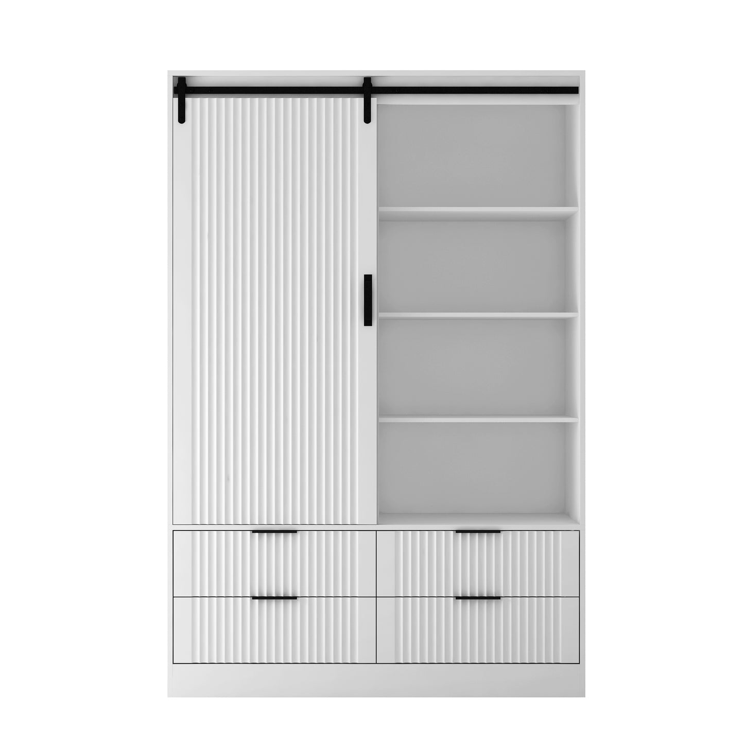 US Local Tall Bedroom Armoire Wardrobe Closet Clothing Storage Cabinet With Hanging Rod Barn Door Drawers Open Shelves,White